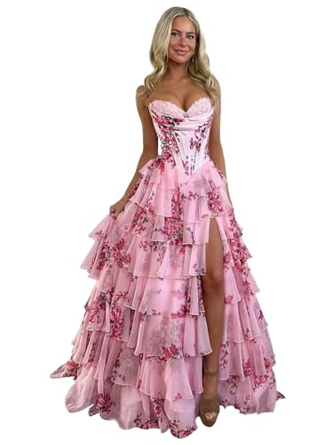 Beyonddress Floral Tiered Abendkleider für Frauen Lang Korsett Trägerlos Rüsche Formelle Ballkleider mit Schlitz(B Dusty Rosa,34) von Beyonddress