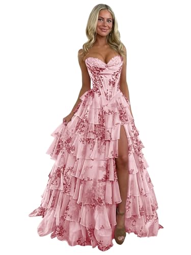Beyonddress Floral Tiered Abendkleider für Frauen Lang Korsett Trägerlos Rüsche Formelle Ballkleider mit Schlitz(B Dusty Rose,38) von Beyonddress