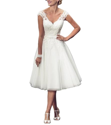 Beyonddress Frauen Blume Spitze Brautkleider Hochzeitskleider Kurz mit Ärmel Perlen Brautkleider Brautmode,Weiß 22,DE38 von Beyonddress