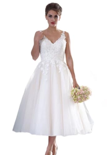 Beyonddress Frauen Blume Spitze Brautkleider Kurz Hochzeitskleider V-Ausschnitt Applique Brautkleider Brautmode,Weiß 05,DE44 von Beyonddress