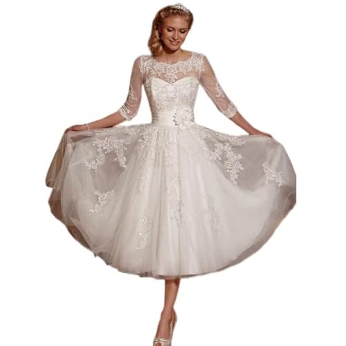 Beyonddress Frauen Blume Spitze Brautkleider Kurz Hochzeitskleider mit Ärmel Applique Brautkleider Brautmode,Elfenbein 11,DE40 von Beyonddress