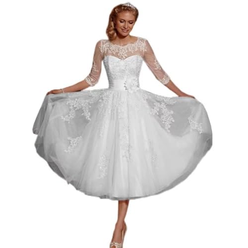 Beyonddress Frauen Blume Spitze Brautkleider Kurz Hochzeitskleider mit Ärmel Applique Brautkleider Brautmode,Weiß 11,DE52 von Beyonddress