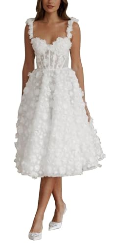 Beyonddress Frauen Blumen Brautkleider Midi Hochzeitskleider Spitze Applique Brautkleider Brautmode,Elfenbein 02,DE50 von Beyonddress