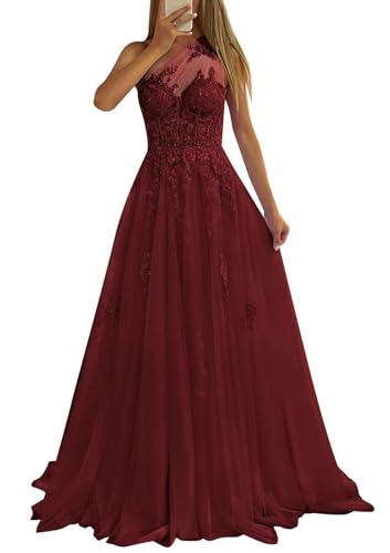 Beyonddress Frauen Eine Schulter Tüll Abendkleider Lange Ballkleid Spitze Applikation Korsett Formalle Kleider(Burgund,34) von Beyonddress