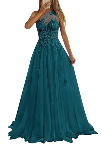 Beyonddress Frauen Eine Schulter Tüll Abendkleider Lange Ballkleid Spitze Applikation Korsett Formalle Kleider(Teal,52) von Beyonddress