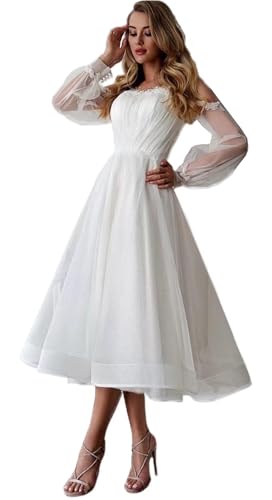 Beyonddress Frauen Langarm Brautkleider Midi Hochzeitskleider Elegant Schulterfrei Spitze Applique Brautkleider Brautmode,Elfenbein 09,DE48 von Beyonddress