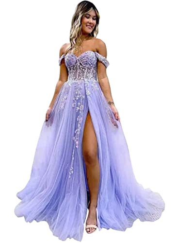 Beyonddress Frauen Off The Shoulder Tüll Abendkleider mit Schlitz Spitzen Applique Ballkleider Sweetheart Formale Brautkleider Lange(Lavendel,34) von Beyonddress