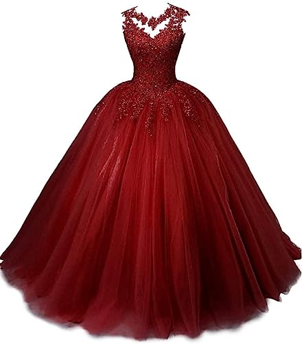 Beyonddress Frauen Prinzessin Abendkleider Quinceanera Kleider Spitze Applikationen Tüll Ballkleid Party Kleider(Dunkelrot,38) von Beyonddress