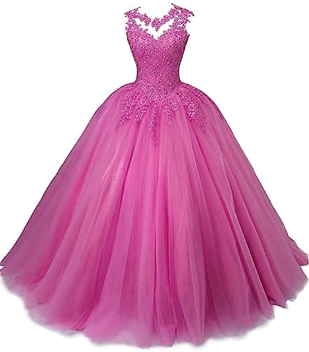 Beyonddress Frauen Prinzessin Abendkleider Quinceanera Kleider Spitze Applikationen Tüll Ballkleid Party Kleider(Fuchsie,34) von Beyonddress