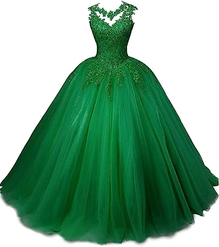 Beyonddress Frauen Prinzessin Abendkleider Quinceanera Kleider Spitze Applikationen Tüll Ballkleid Party Kleider(Grün,42) von Beyonddress