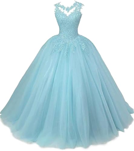 Beyonddress Frauen Prinzessin Abendkleider Quinceanera Kleider Spitze Applikationen Tüll Ballkleid Party Kleider(Hellblau,32) von Beyonddress