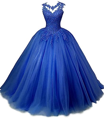 Beyonddress Frauen Prinzessin Abendkleider Quinceanera Kleider Spitze Applikationen Tüll Ballkleid Party Kleider(Königsblau,46) von Beyonddress