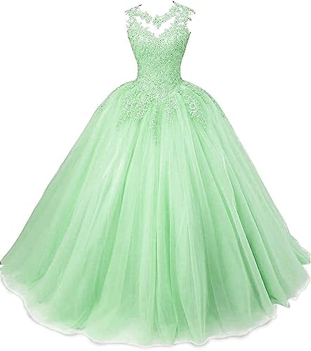 Beyonddress Frauen Prinzessin Abendkleider Quinceanera Kleider Spitze Applikationen Tüll Ballkleid Party Kleider(Minze,32) von Beyonddress