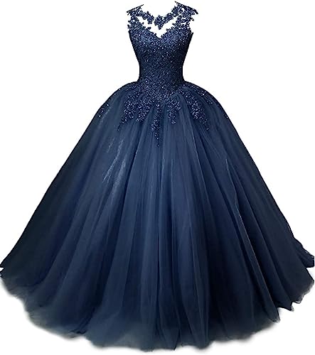 Beyonddress Frauen Prinzessin Abendkleider Quinceanera Kleider Spitze Applikationen Tüll Ballkleid Party Kleider(Navy Blau,38) von Beyonddress