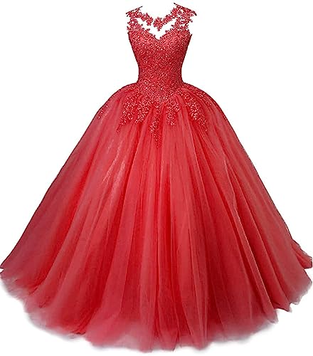 Beyonddress Frauen Prinzessin Abendkleider Quinceanera Kleider Spitze Applikationen Tüll Ballkleid Party Kleider(Rot,46) von Beyonddress