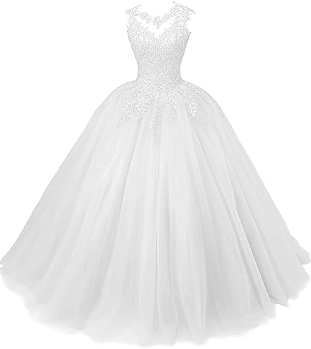 Beyonddress Frauen Prinzessin Abendkleider Quinceanera Kleider Spitze Applikationen Tüll Ballkleid Party Kleider(Weiß,46) von Beyonddress