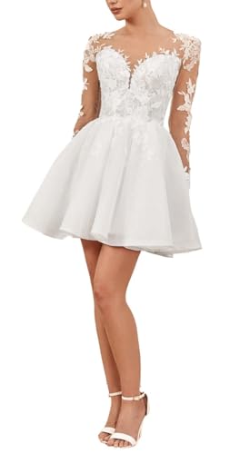 Beyonddress 3D Blumen Brautkleid für Braut Kurz Brautkleider für Frauen Spitze Appliques Langarm Hochzeitsfeier Ballkleider(Weiß 05,38) von Beyonddress