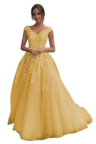 Beyonddress Frauen Tüll Abendkleider V-Ausschnitt Ballkleider Perlen Cap Sleeve Spitze Applikationen Quinceanera Kleider(Gold,52) von Beyonddress