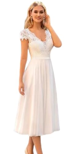 Beyonddress Frauen Tüll Brautkleider für Braut Kurz Spitze Applique Brautkleider Langarm V-Ausschnitt Eng Hochzeitskleider mit Bogen,Elfenbein 12,DE40 von Beyonddress
