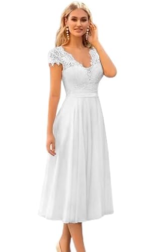 Beyonddress Frauen Tüll Brautkleider für Braut Kurz Spitze Applique Brautkleider Langarm V-Ausschnitt Eng Hochzeitskleider mit Bogen,Weiß 12,DE46 von Beyonddress