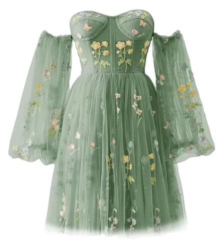 Beyonddress Frauen Tüll Schulterfrei Abendkleider Blumen Stickerei Kurz Formale Ballkleider Party Kleider 2024(B-Grün,48) von Beyonddress