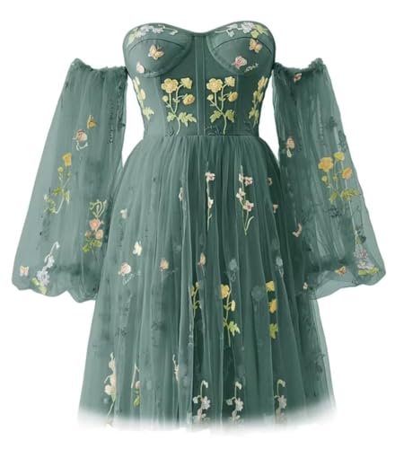 Beyonddress Frauen Tüll Schulterfrei Abendkleider Blumen Stickerei Kurz Formale Ballkleider Party Kleider 2024(B-Pfau,40) von Beyonddress