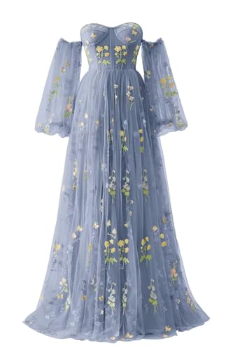 Beyonddress Frauen Tüll Schulterfrei Abendkleider Blumen Stickerei Lange Formale Ballkleider Party Kleider 2024(A-Dusty Blau,48) von Beyonddress