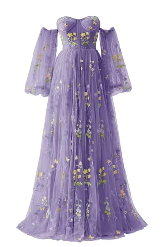 Beyonddress Frauen Tüll Schulterfrei Abendkleider Blumen Stickerei Lange Formale Ballkleider Party Kleider 2024(A-Violett,52) von Beyonddress