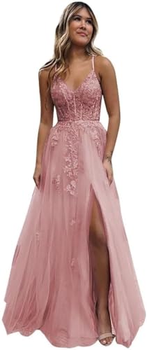 Beyonddress Frauen Tüll Spitze Abendkleider Lange V-Ausschnitt Formelle Kleider mit Schlitz Spaghettiträger Ballkleider(Blush,32) von Beyonddress