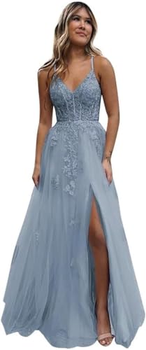 Beyonddress Frauen Tüll Spitze Abendkleider Lange V-Ausschnitt Formelle Kleider mit Schlitz Spaghettiträger Ballkleider(Dusty Blau,32) von Beyonddress