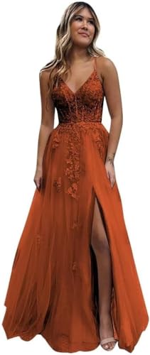 Beyonddress Frauen Tüll Spitze Abendkleider Lange V-Ausschnitt Formelle Kleider mit Schlitz Spaghettiträger Ballkleider(Gebrannt Orange,38) von Beyonddress