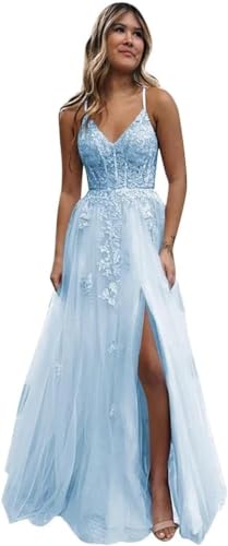 Beyonddress Frauen Tüll Spitze Abendkleider Lange V-Ausschnitt Formelle Kleider mit Schlitz Spaghettiträger Ballkleider(Himmelblau,34) von Beyonddress