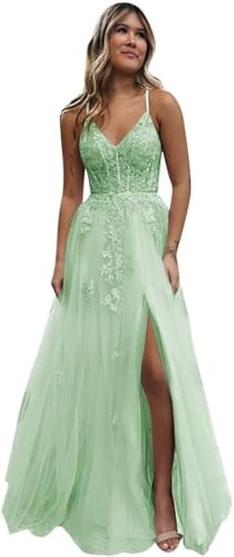 Beyonddress Frauen Tüll Spitze Abendkleider Lange V-Ausschnitt Formelle Kleider mit Schlitz Spaghettiträger Ballkleider(Minze,40) von Beyonddress