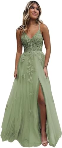 Beyonddress Frauen Tüll Spitze Abendkleider Lange V-Ausschnitt Formelle Kleider mit Schlitz Spaghettiträger Ballkleider(Salbei Grün,34) von Beyonddress
