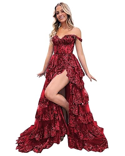 Beyonddress Funkelnd Tiered Tüll Ballkleider für Frauen Off Shoulder Korsett Spitze Lange Formale Abendkleider mit Schlitz(Burgund,32) von Beyonddress