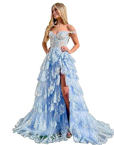 Beyonddress Funkelnd Tiered Tüll Ballkleider für Frauen Off Shoulder Korsett Spitze Lange Formale Abendkleider mit Schlitz(Hellblau,32) von Beyonddress
