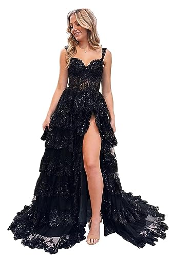 Beyonddress Funkelnd Tiered Tüll Ballkleider für Frauen Off Shoulder Korsett Spitze Lange Formale Abendkleider mit Schlitz(Schwarz,40) von Beyonddress