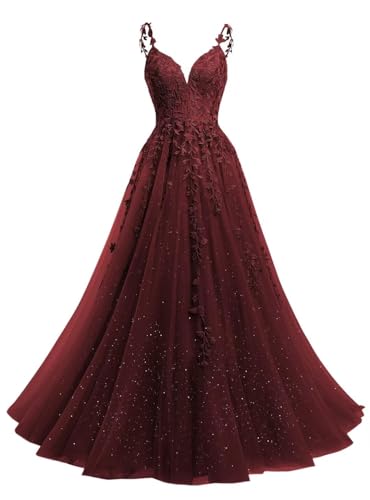 Beyonddress Glitter Tüll Abendkleider Lang Ballkleid Spitze Applikationen V-Ausschnitt Prom Kleid für Frauen Party Kleider(Burgund,36) von Beyonddress