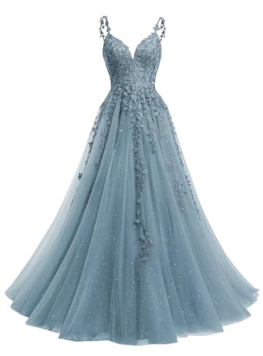 Beyonddress Glitter Tüll Abendkleider Lang Ballkleid Spitze Applikationen V-Ausschnitt Prom Kleid für Frauen Party Kleider(Dusty Blau,50) von Beyonddress