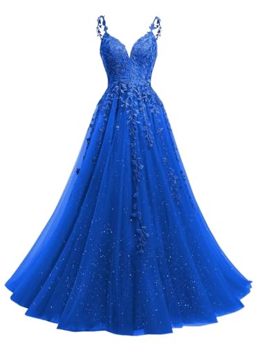 Beyonddress Glitter Tüll Abendkleider Lang Ballkleid Spitze Applikationen V-Ausschnitt Prom Kleid für Frauen Party Kleider(Königsblau,38) von Beyonddress