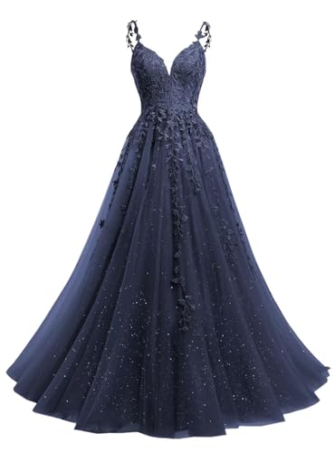 Beyonddress Glitter Tüll Abendkleider Lang Ballkleid Spitze Applikationen V-Ausschnitt Prom Kleid für Frauen Party Kleider(Navy Blau,42) von Beyonddress