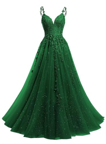 Beyonddress Glitter Tüll Abendkleider Lang Ballkleid Spitze Applikationen V-Ausschnitt Prom Kleid für Frauen Party Kleider(Smaragdgrün,42) von Beyonddress