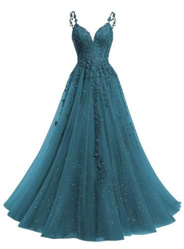 Beyonddress Glitter Tüll Abendkleider Lang Ballkleid Spitze Applikationen V-Ausschnitt Prom Kleid für Frauen Party Kleider(Teal,34) von Beyonddress