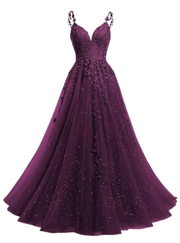 Beyonddress Glitter Tüll Abendkleider Lang Ballkleid Spitze Applikationen V-Ausschnitt Prom Kleid für Frauen Party Kleider(Trauben,36) von Beyonddress