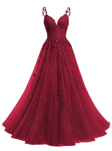 Beyonddress Glitter Tüll Abendkleider Lang Ballkleid Spitze Applikationen V-Ausschnitt Prom Kleid für Frauen Party Kleider(Weinrot,36) von Beyonddress