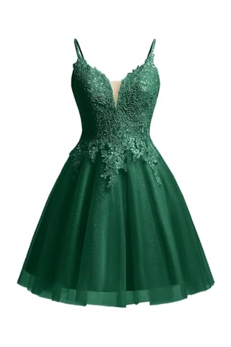 Beyonddress Lace Applique Abendkleider Kurz Tüll Funkelnde Abschlussball Kleid Spaghetti Straps Cocktail Kleider(Dunkelgrün,34) von Beyonddress
