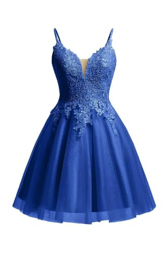 Beyonddress Lace Applique Abendkleider Kurz Tüll Funkelnde Abschlussball Kleid Spaghetti Straps Cocktail Kleider(Königsblau,34) von Beyonddress