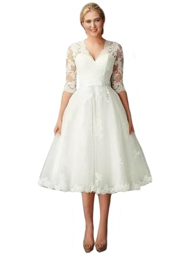 Beyonddress Langarm Brautkleid für Braut Kurz Brautkleider für Frauen Spitze Appliques Hochzeitsfeier mit Ärmeln Ballkleider(Elfenbein 04,52) von Beyonddress