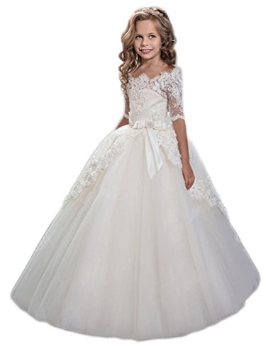 Beyonddress Mädchen Blumenmädchen Kleider Hochzeit Bodenlanges Kinderkleid Kommunionkleid Ballkleid Spitze Partyskleid(Elfenbein,7-8 Jahre) von Beyonddress