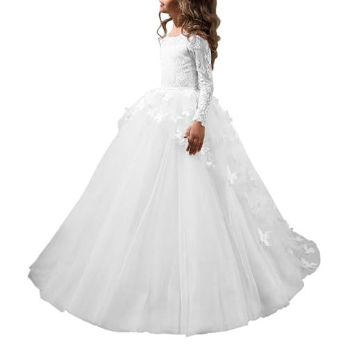 Beyonddress Mädchen Blumenmädchen Kleider Hochzeit Bodenlanges Kinderkleid Kommunionkleid Mit Applikation Partyskleid(Weiß,11-12 Jahre) von Beyonddress